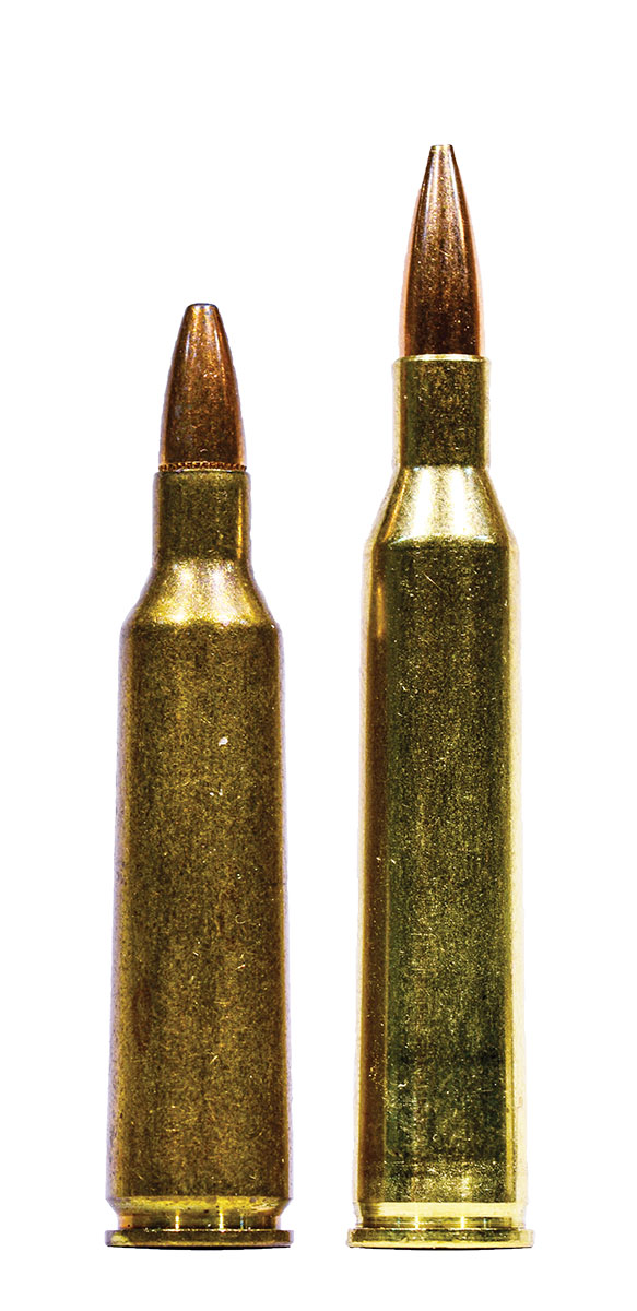 220 Swift (right) beside its archrival, the 22-250. Both were designed in the mid-1930s and both are excellent cartridges.